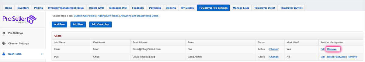 Remove a user under the Account Management column of the dashboard.