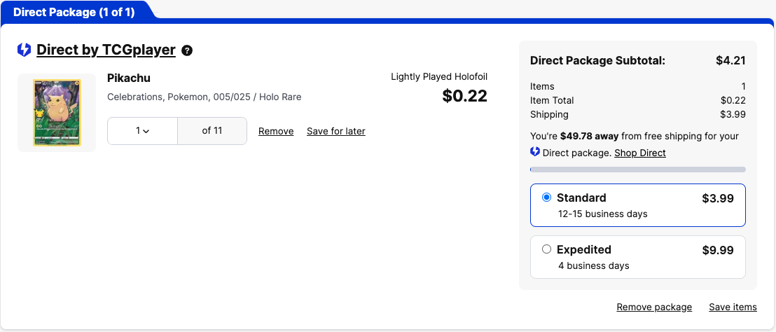 An example package in the cart that is qualified for Direct. It has a blue border and says 