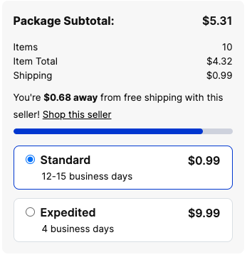 An example of an order in cart from a seller with a $5 threshold for free shipping. This example order has an item total of $4.32, so requires an addition 68¢ in product to be added to qualify for free shippping.
