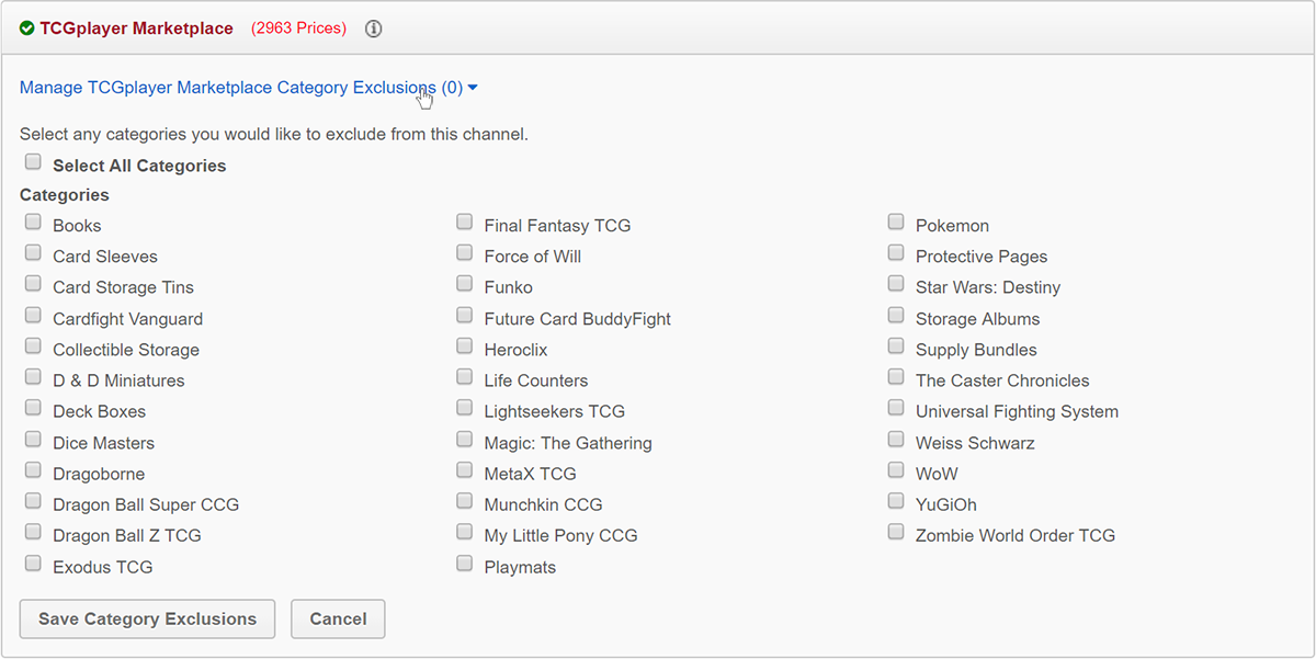 In the TCGplayer Marketplace channel, the option to Manage Category Exclusions is at the top.
