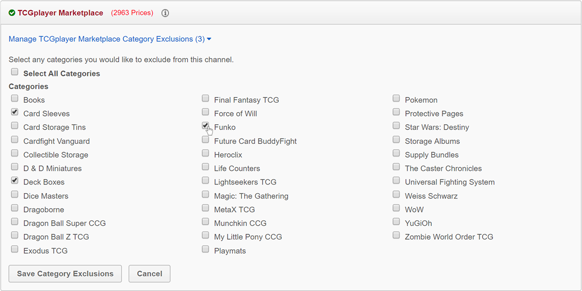 Check the box next to categories you would like to exclude from your TCGplayer Marketplace.