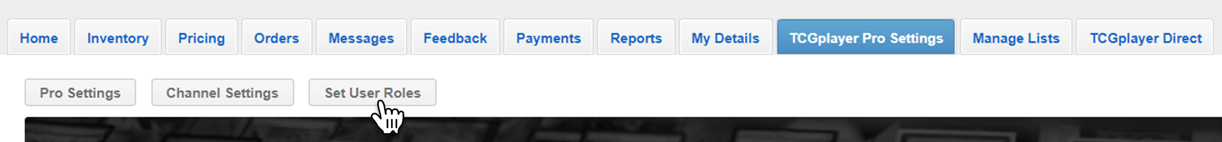 A screenshot of the TCGplayer Pro Settings page with the mouse selecting the Set User Roles button.