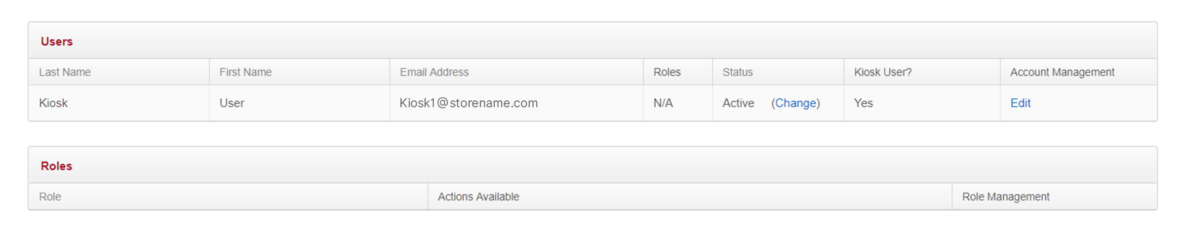 A screenshot showing newly created kiosk accounts in the users table view.