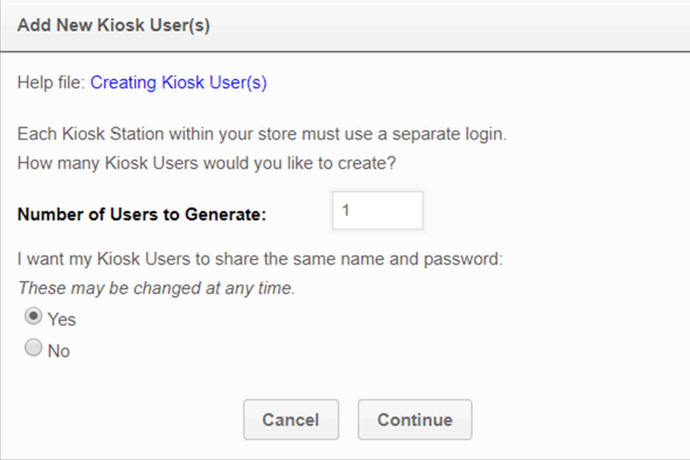 A screenshot of the Add New Kiosk User(s) popup. This screen allows you to enter a number of kiosk users to generate and select if you want to create a shared password.