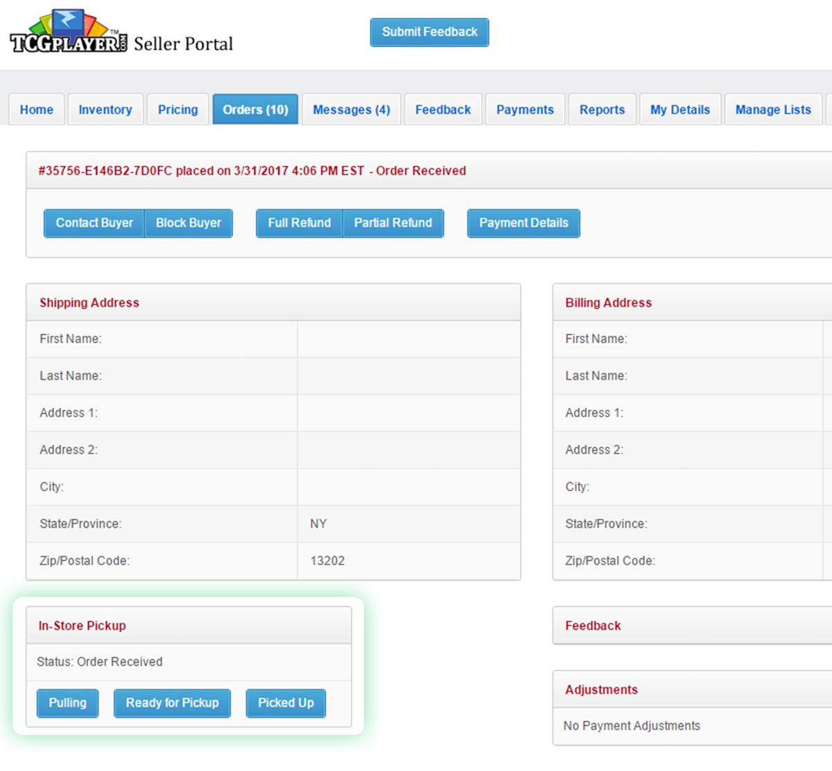 On an individual order page, the In-Store Pickup box displays the order status as well as buttons for updating the status to Pulling, Ready for Pickup, or Picked Up.