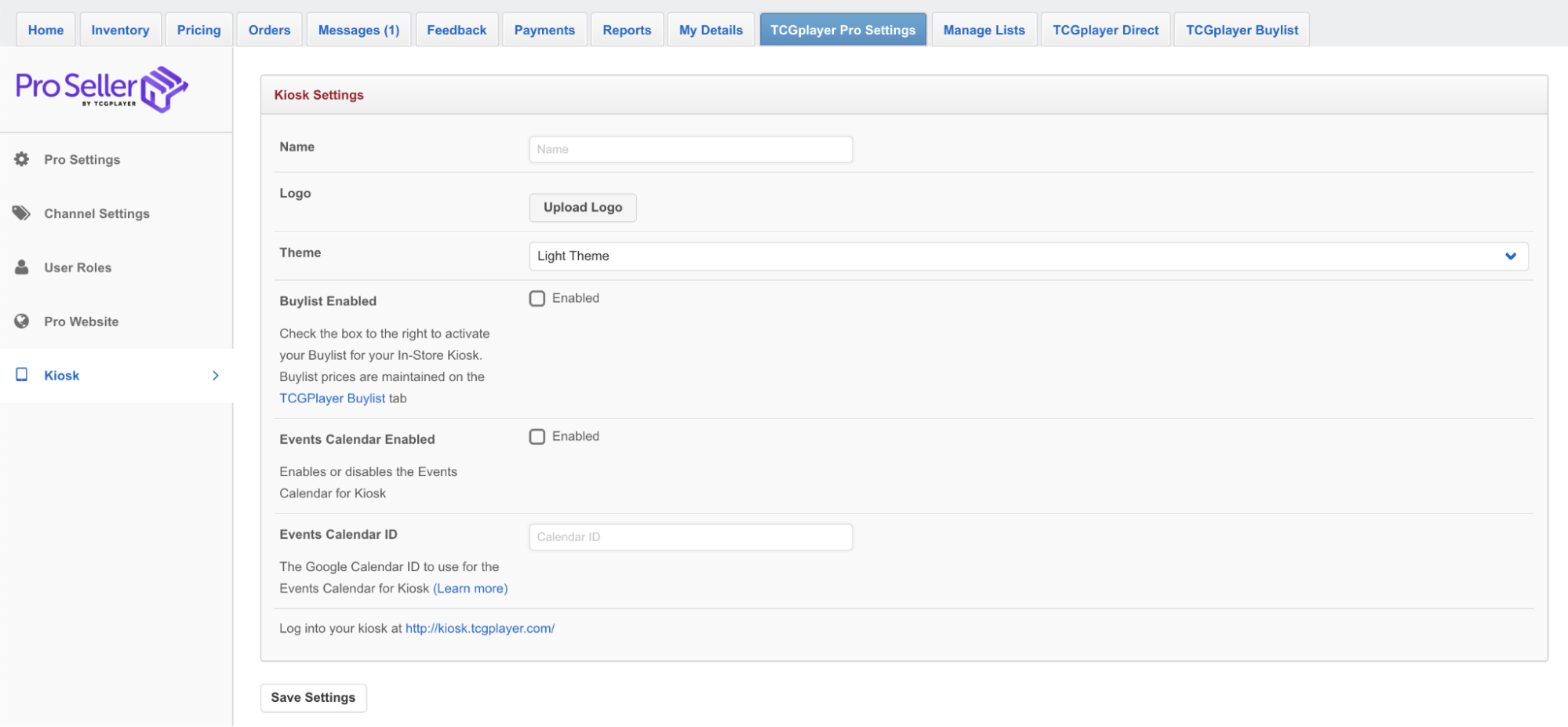 A screenshot of the TCGplayer Pro Settings Kiosk Settings page. This offers customization options outlined below.