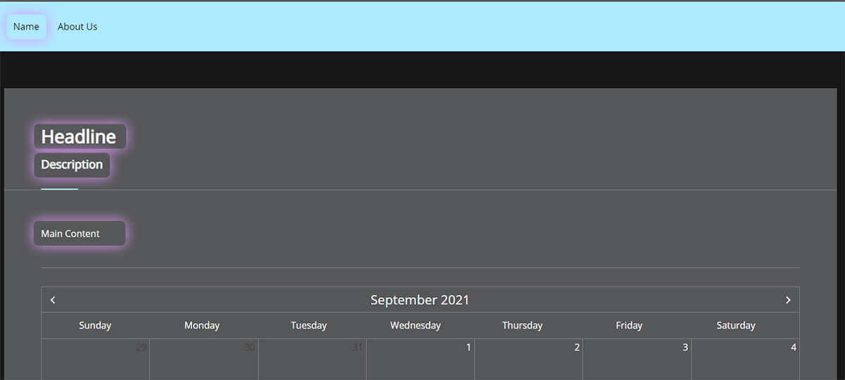 A screenshot of the Calendar event page with Name, Headline, Description, and Main Content highlighted.