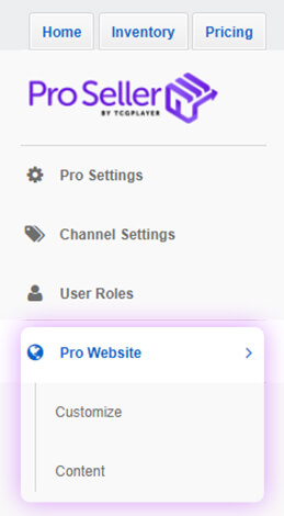 A screenshot of Pro Seller website settings. The Pro Website Customize and Content settings are highlighted
