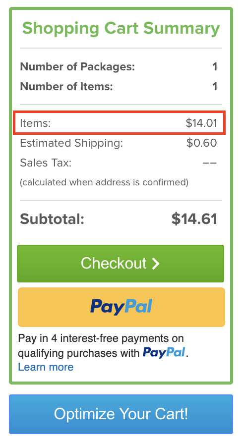 A screenshot of an example Shopping Cart Summary with the Items total cost highlighted.