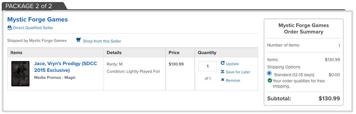An example package in the cart that is not qualified for Direct. It has a gray border.