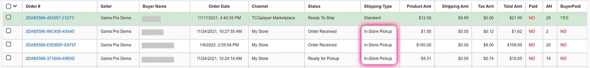 On the order page for sellers, you can identify In-Store Pickup orders by looking in the Shipping Type column.