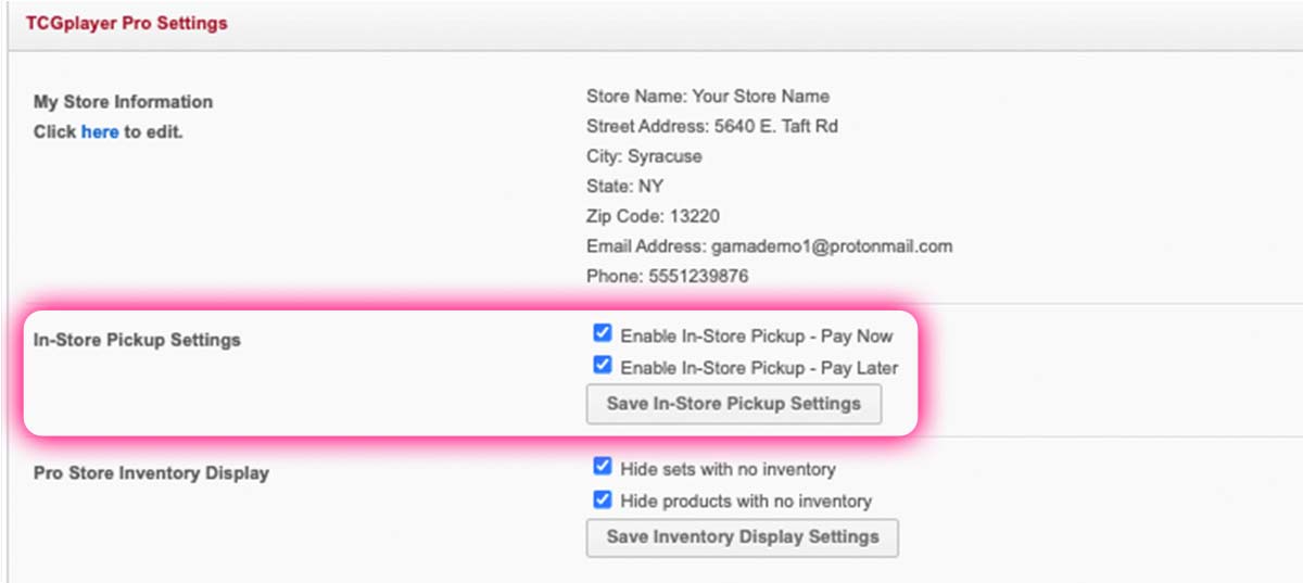 In-Store Pickup options under TCGplayer Pro Settings include options for enabling Pay Now or Pay Later.