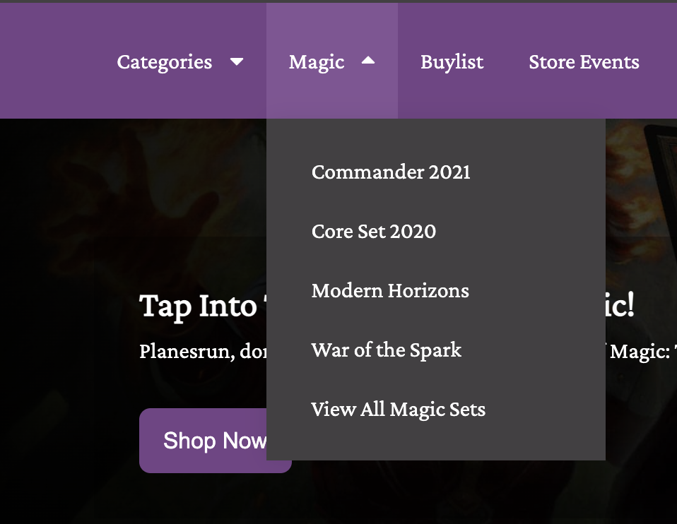 In this example the navigation drop-down for Magic displays multiple sets selected to be included categories.