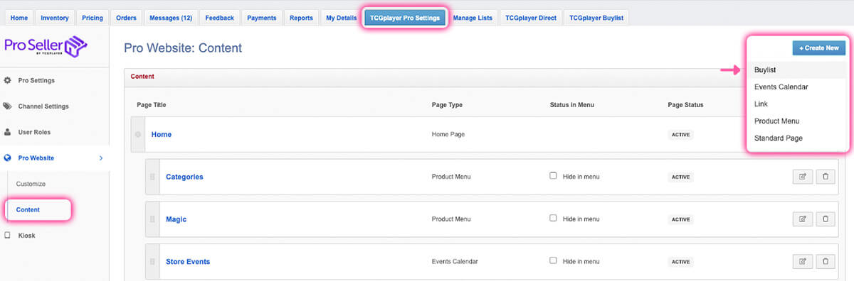 The option create a Buylist page on your Pro website is located on the Pro Settings page. Access Content on the left menu, and select Create New, then Buylist.