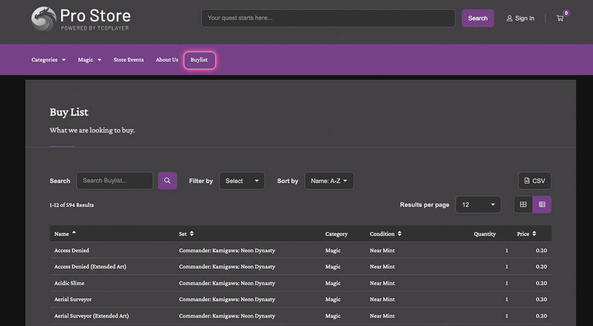 An example Pro website with the navigation item Buylist displayed.