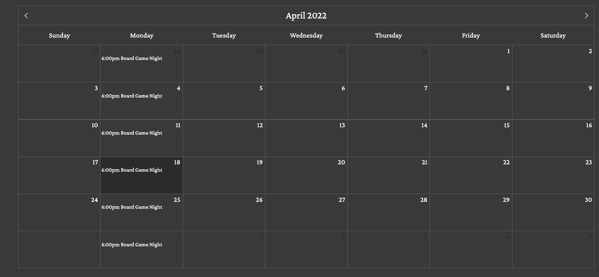 An example events calendar is displayed on a Pro Website.