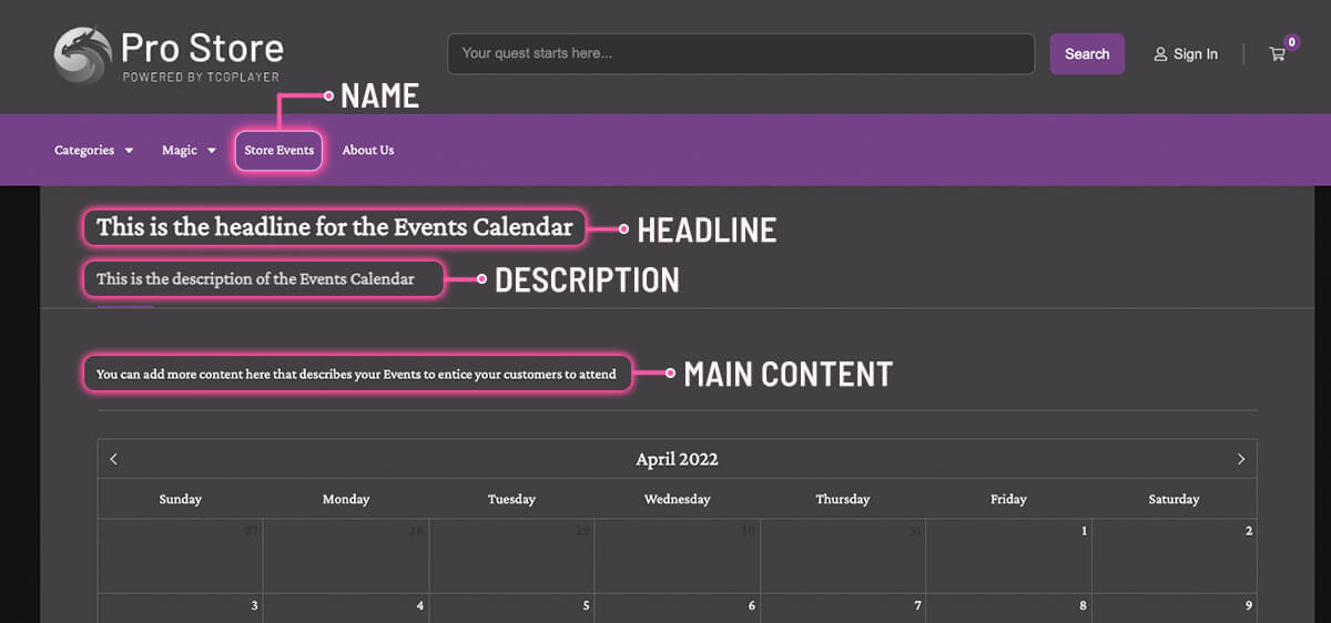 An example Events Calendar displayed on a Pro Website with the navigation link, Headline, Description, and Main Content highlighted.
