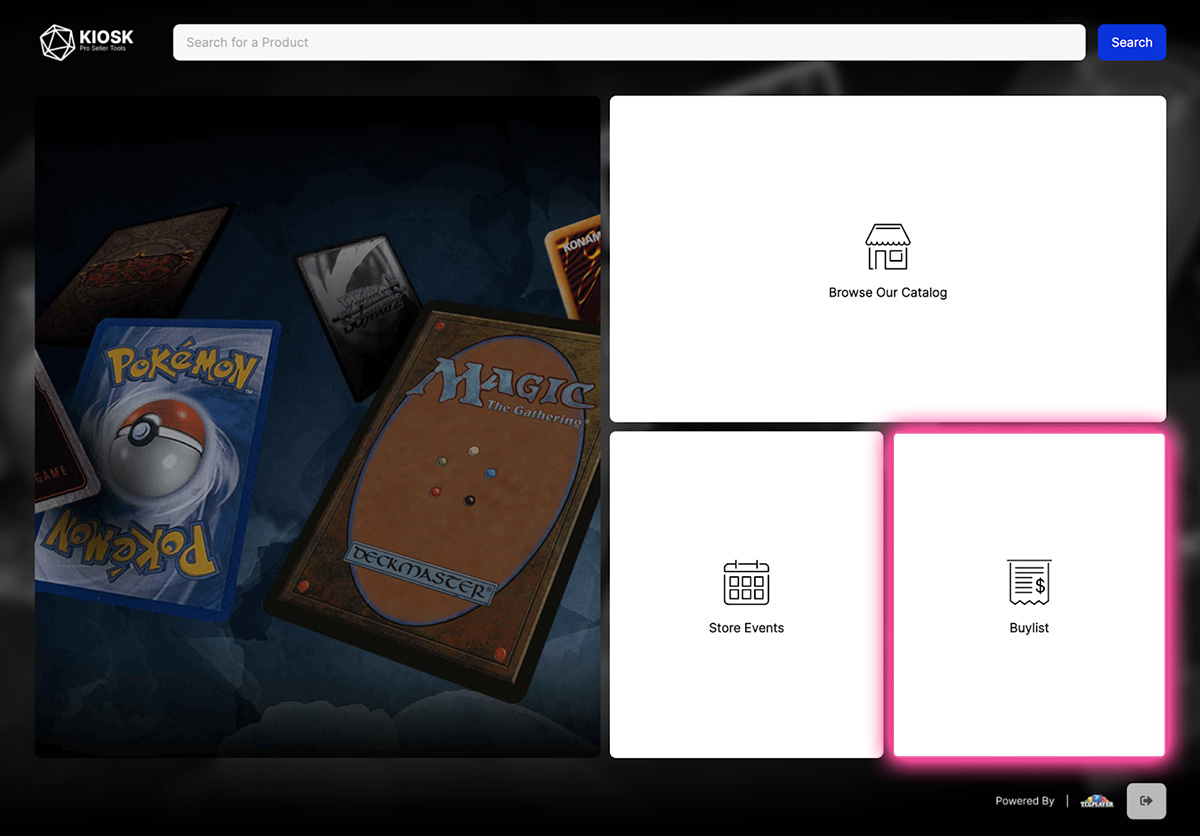 On the Kiosk homepage, the Buylist tile is highlighted.