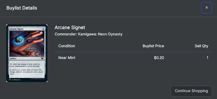 An example Buylist details page is displayed for an item.