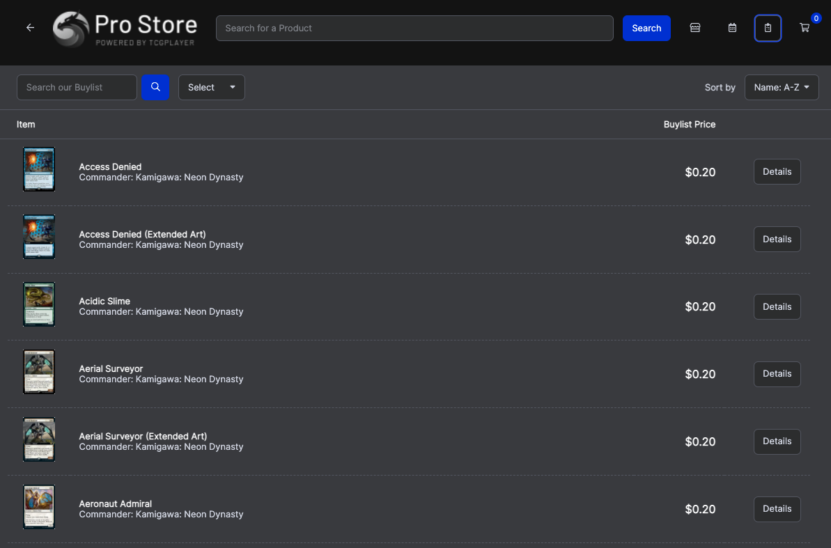 An example Buylist is displayed on a Kiosk.