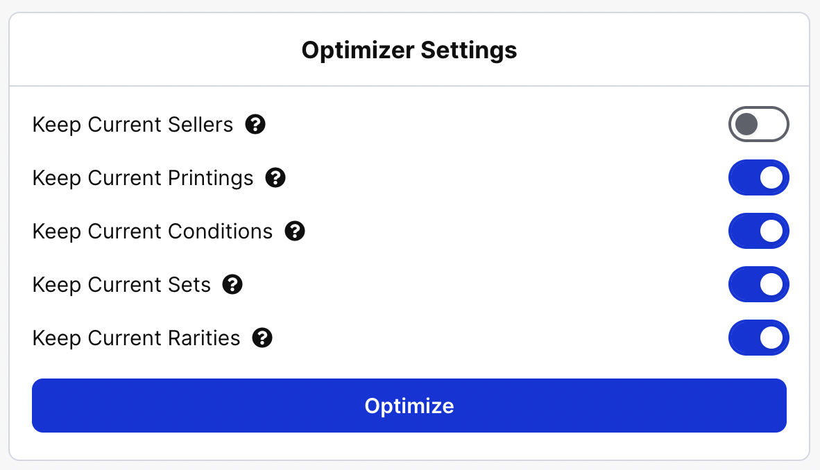 Cart Optimizer settings include Keep Current Sellers, Keep Current Printings, Keep Current Conditions, Keep Current Sets, and Keep Current Rarities.