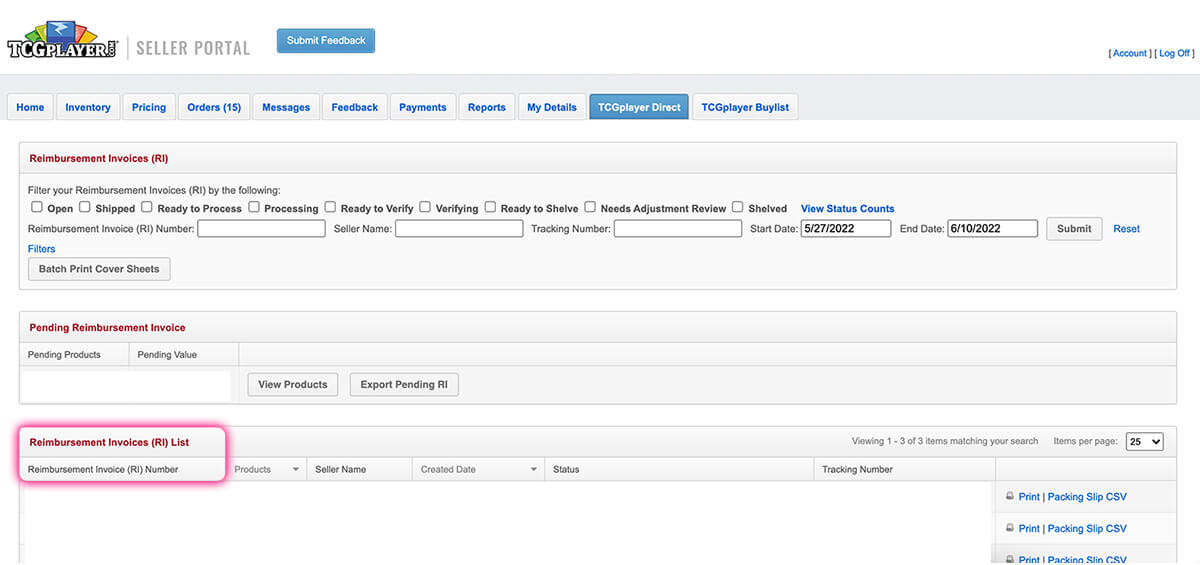When you select Reimbursement Invoices you will see a list of RIs.